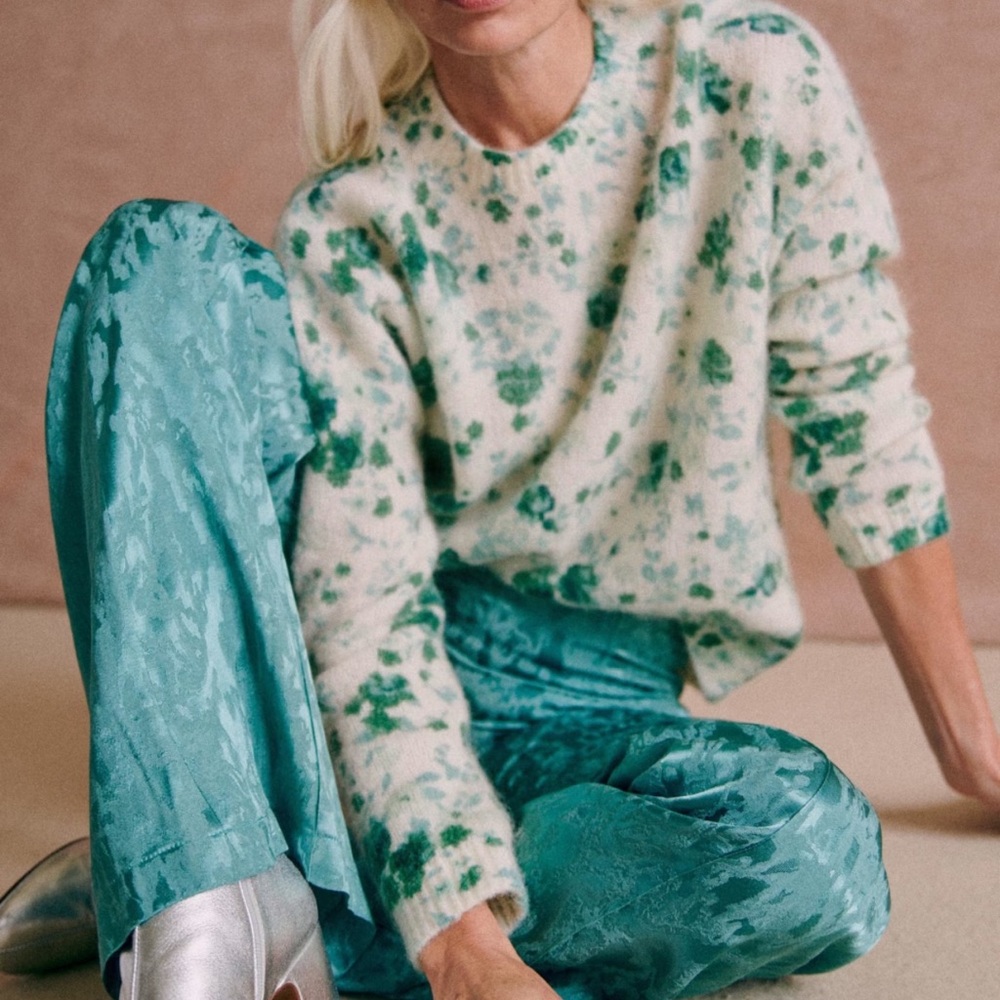 Sezane Green and Cream Floral Sweater